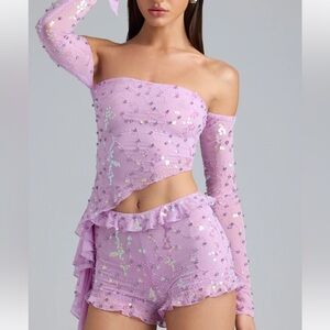 NWOT Ruched Ruffle Asymmetric Top in Violet Pink & Shorts